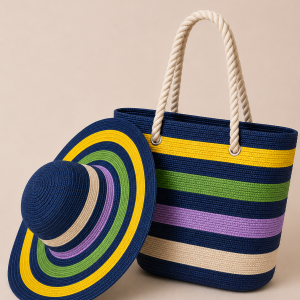 Straw Hat and Bag Matching set Navy/Yellow/Green/Lilac