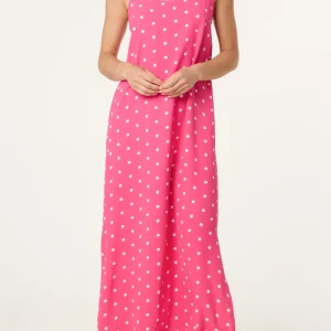 Side Split Gold Chain Strap Polka Dot Dress Fuchsia