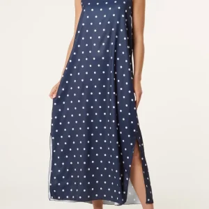 Side Split Gold Chain Strap Polka Dot Dress Navy